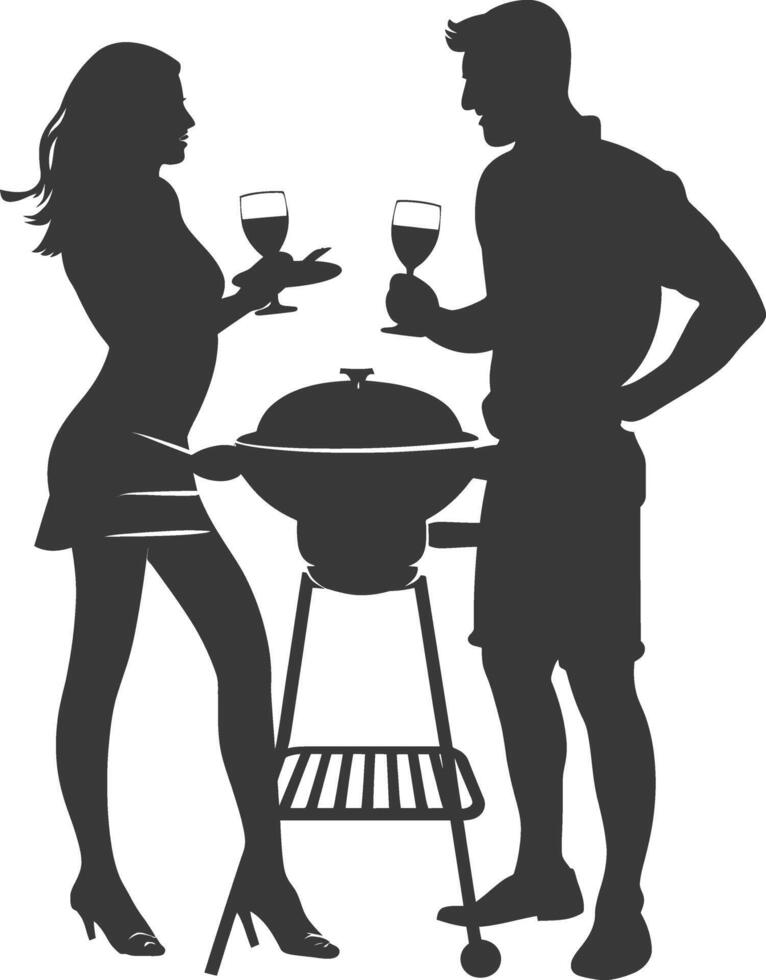 silhouette man and woman in party with barbeque grill black color only vector