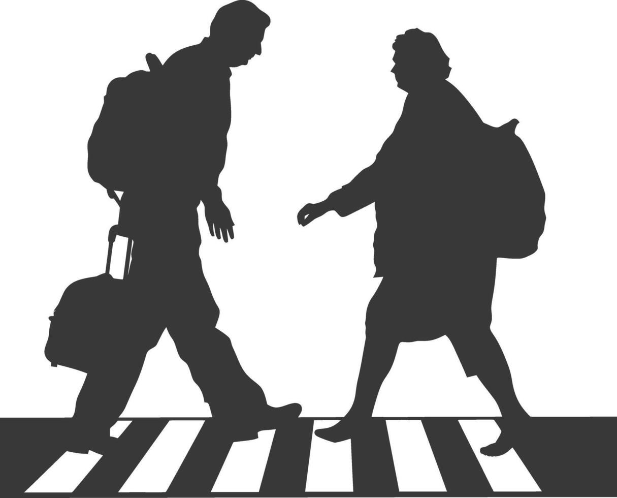 silhouette man helps the elderly woman cross the street black color only vector