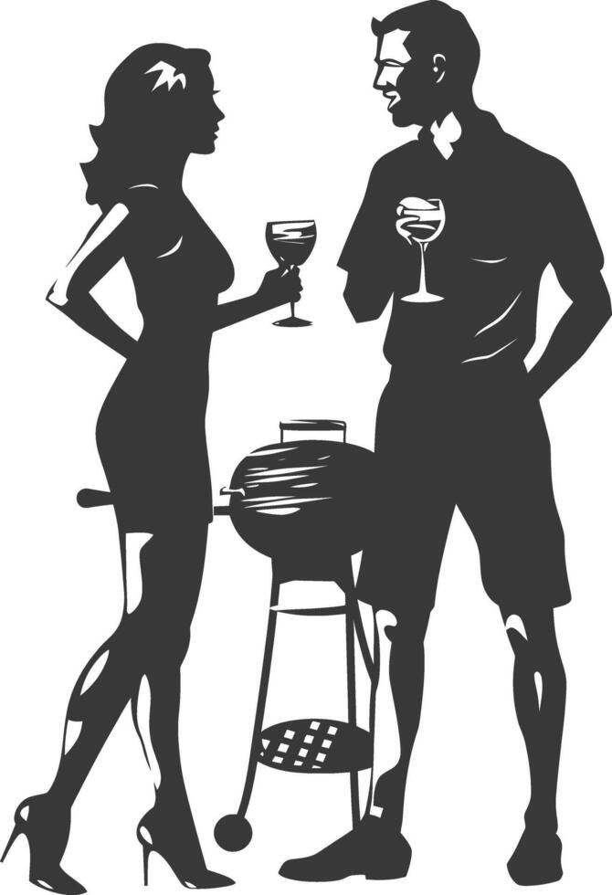silhouette man and woman in party with barbeque grill black color only vector