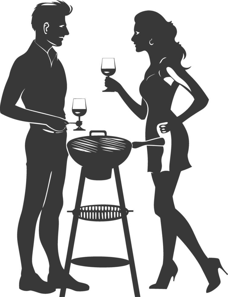 silhouette man and woman in party with barbeque grill black color only vector