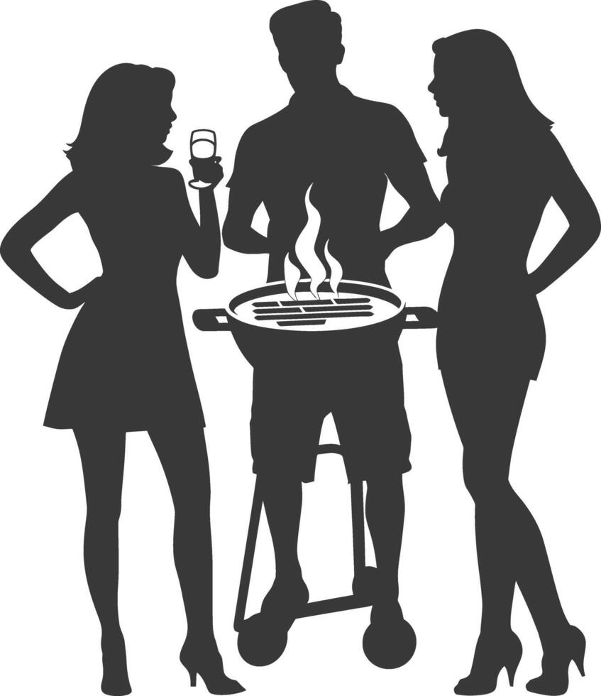 silhouette man and woman in party with barbeque grill black color only vector