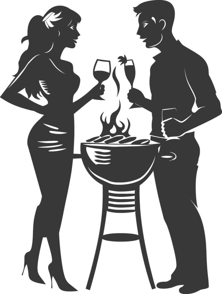 silhouette man and woman in party with barbeque grill black color only vector