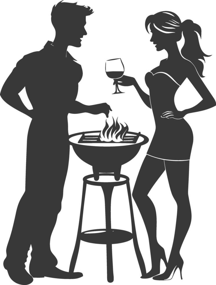 silhouette man and woman in party with barbeque grill black color only vector