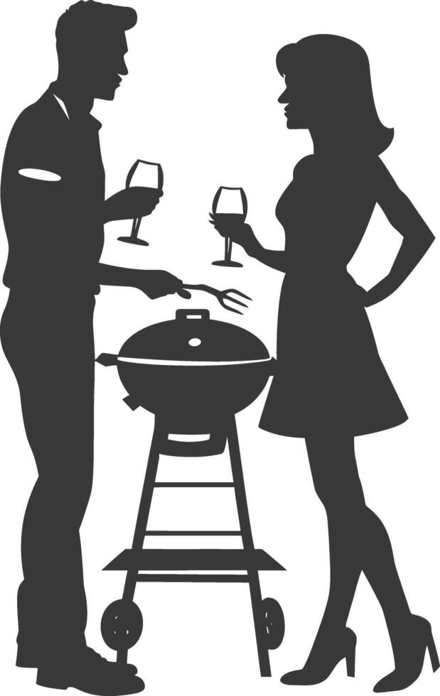 silhouette man and woman in party with barbeque grill black color only vector