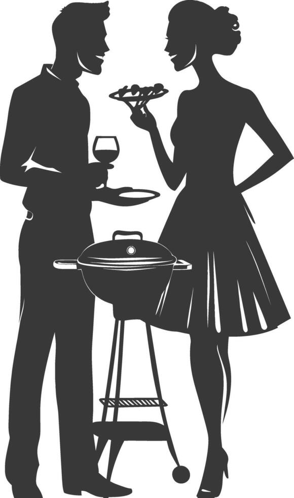 silhouette man and woman in party with barbeque grill black color only vector