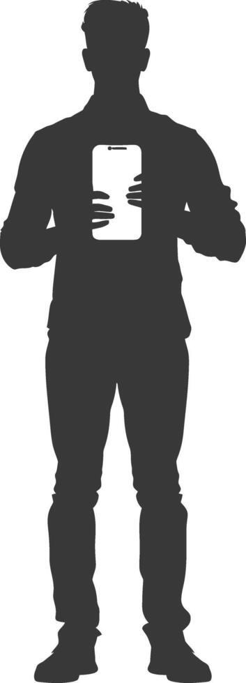 silhouette man shows a blank white screen smartphone cellphone black color only vector