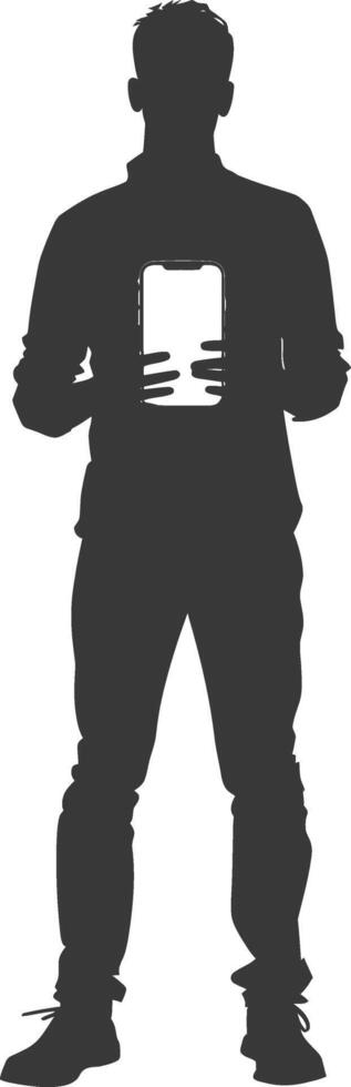 silhouette man shows a blank white screen smartphone cellphone black color only vector