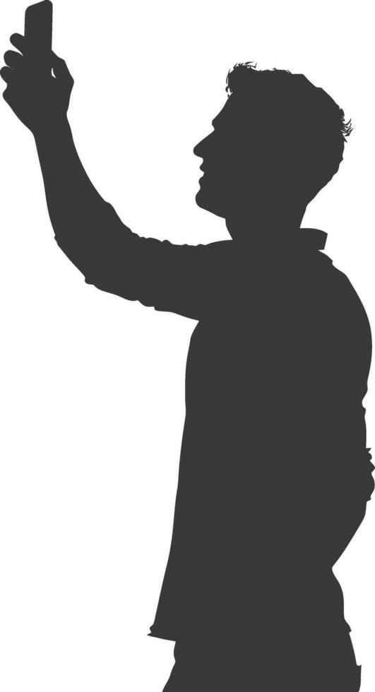 silhouette man taking selfie photo on smartphone with poses black color only vector