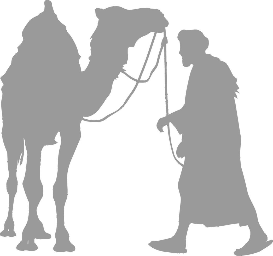 silhouette muslim men walking leading tied camel black color only vector