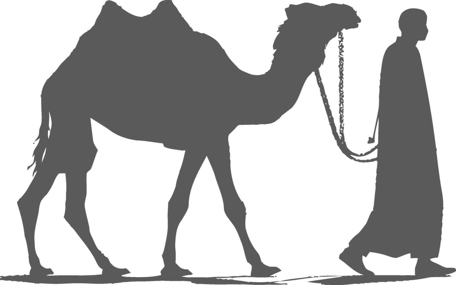 silhouette muslim men walking leading tied camel black color only vector