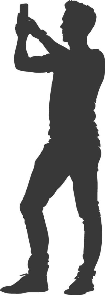 silhouette man taking selfie photo on smartphone with poses black color only vector