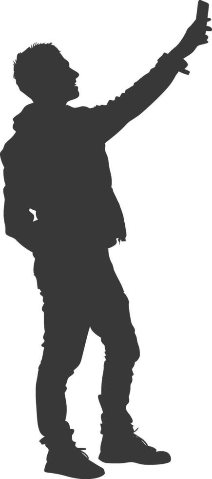 silhouette man taking selfie photo on smartphone with poses black color only vector