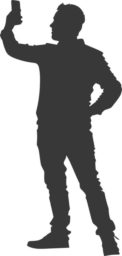 silhouette man taking selfie photo on smartphone with poses black color only vector