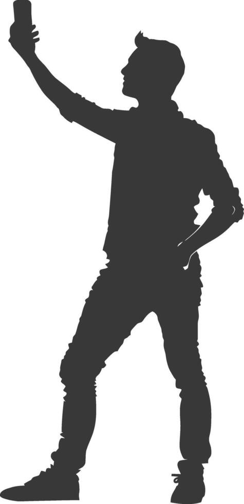 silhouette man taking selfie photo on smartphone with poses black color only vector