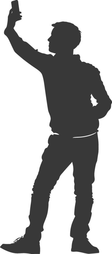 silhouette man taking selfie photo on smartphone with poses black color only vector
