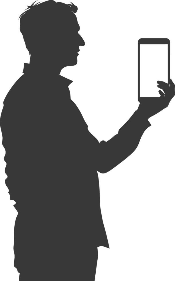 silhouette man shows a blank white screen smartphone cellphone black color only vector