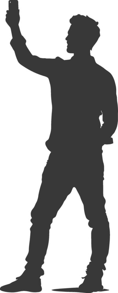 silhouette man taking selfie photo on smartphone with poses black color only vector