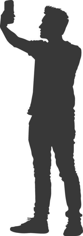 silhouette man taking selfie photo on smartphone with poses black color only vector