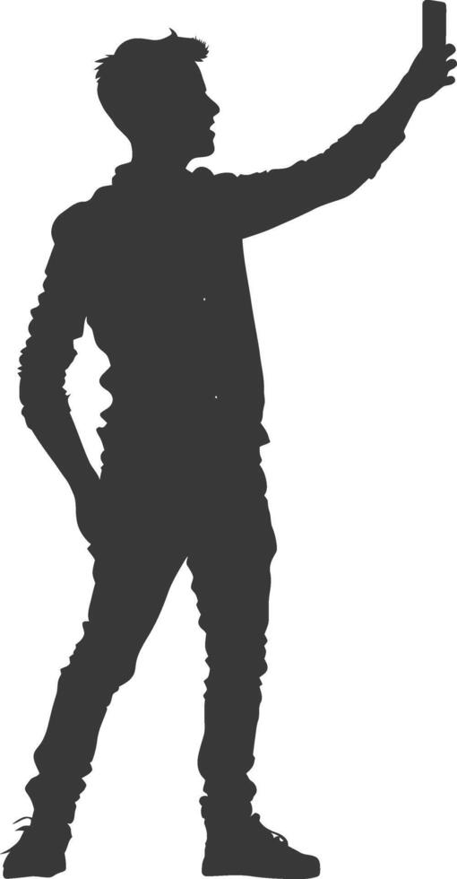 silhouette man taking selfie photo on smartphone with poses black color only vector