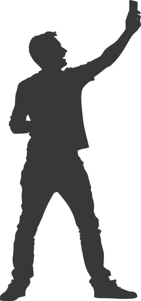silhouette man taking selfie photo on smartphone with poses black color only vector