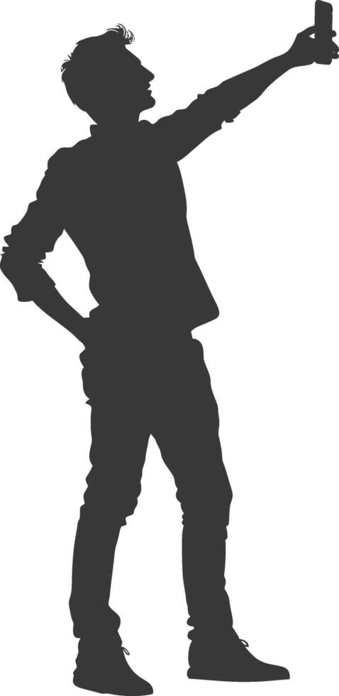 silhouette man taking selfie photo on smartphone with poses black color only vector