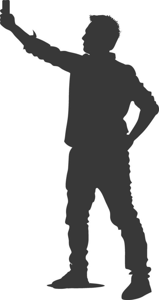 silhouette man taking selfie photo on smartphone with poses black color only vector