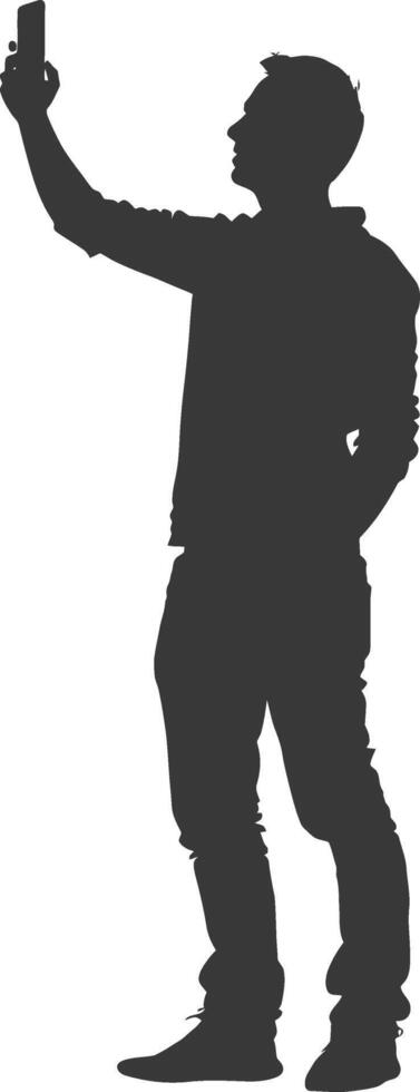 silhouette man taking selfie photo on smartphone with poses black color only vector