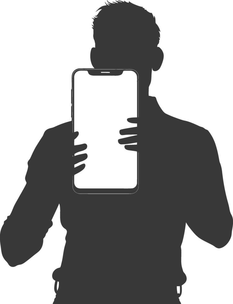 silhouette man shows a blank white screen smartphone cellphone black color only vector