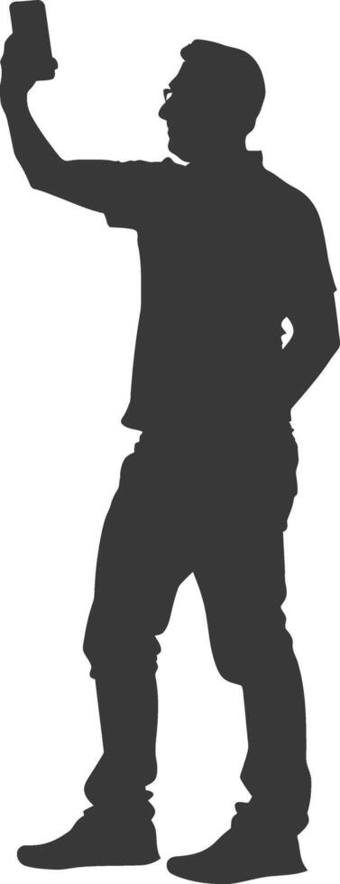 silhouette man taking selfie photo on smartphone with poses black color only vector
