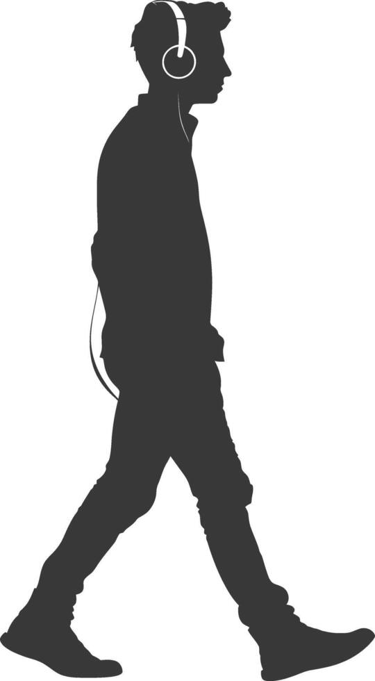 silhouette man walking while listening to headset black color only vector