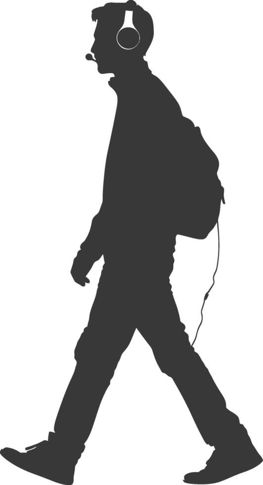 silhouette man walking while listening to headset black color only vector