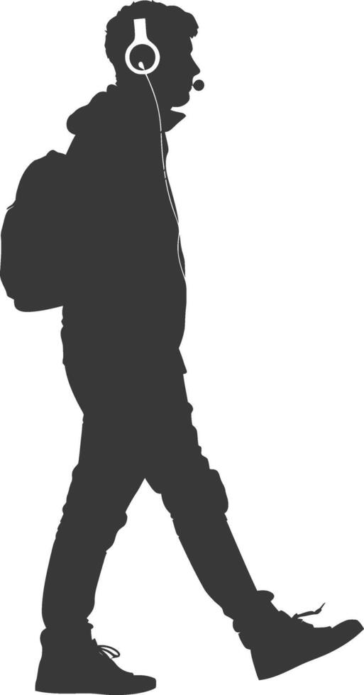 silhouette man walking while listening to headset black color only vector