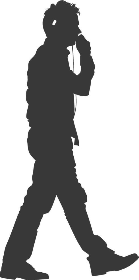 silhouette man walking while listening to headset black color only vector