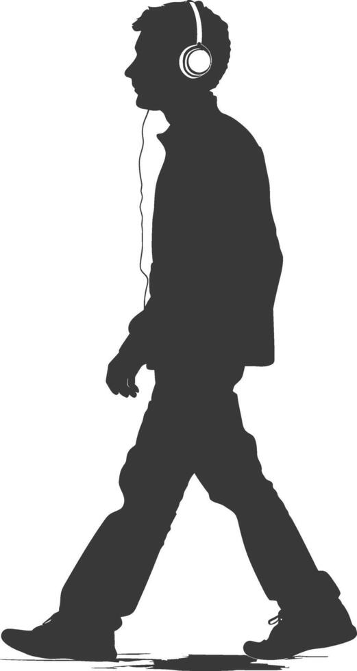 silhouette man walking while listening to headset black color only vector