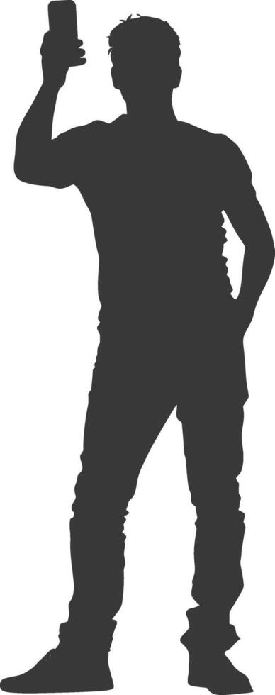silhouette man taking selfie photo on smartphone with poses black color only vector