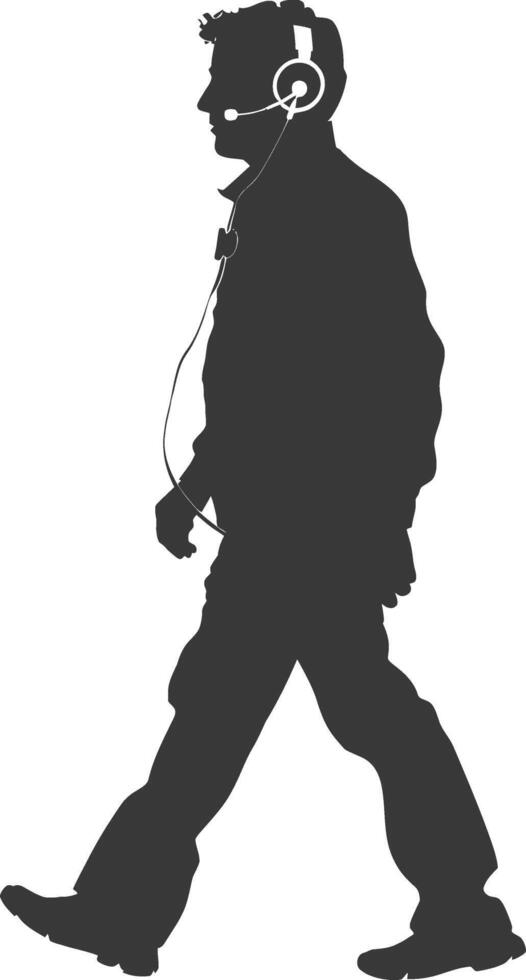 silhouette man walking while listening to headset black color only vector