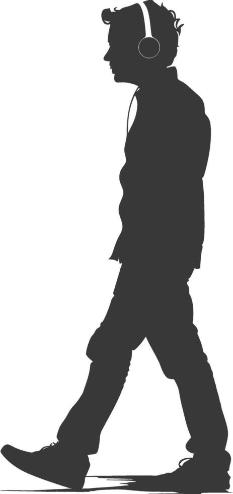 silhouette man walking while listening to headset black color only vector