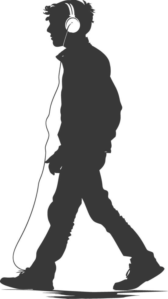 silhouette man walking while listening to headset black color only vector