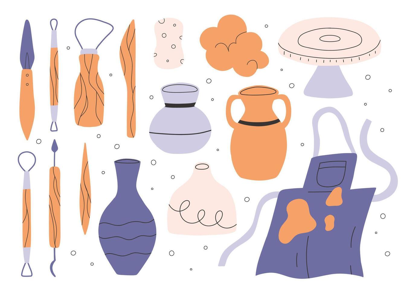 Set of pottery tools in flat style. Collection of tools for clay in hand drawn style. illustration. vector