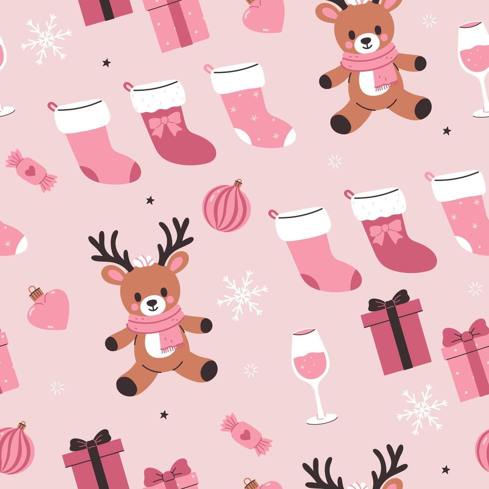 Seamless pattern of pink Christmas with toy deer, socks, gifts. graphics. vector