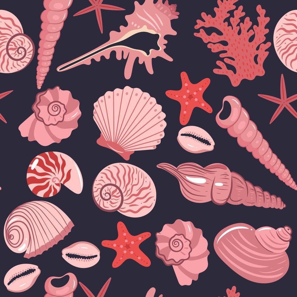 Seamless pattern with pink sea shells on a dark background. graphics. vector