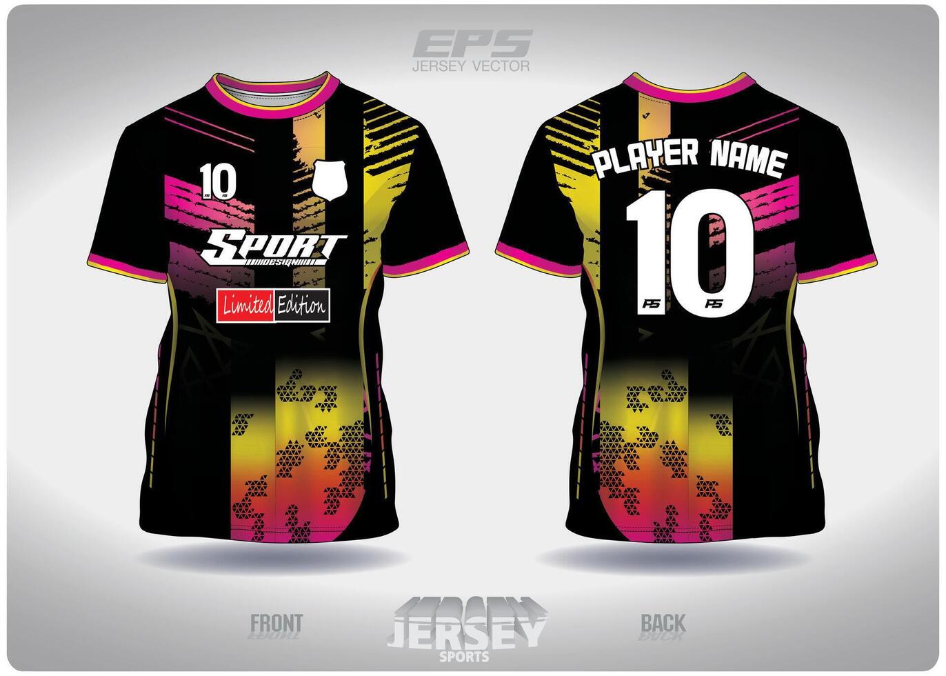 EPS jersey sports shirt .Mix yellow pink gradient black trim pattern design, illustration, textile background for round neck sports t-shirt, football jersey shirt vector