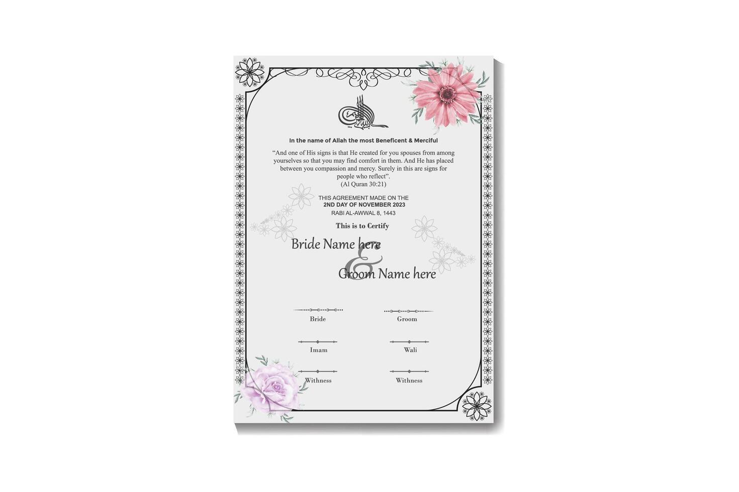 Luxury Islamic Marriage Certificate Template Design A4 Size vector