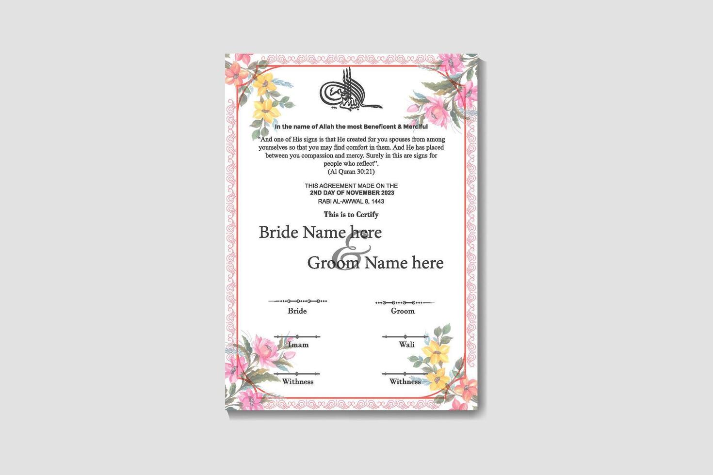 Luxury Islamic Marriage Certificate Template Design A4 Size vector