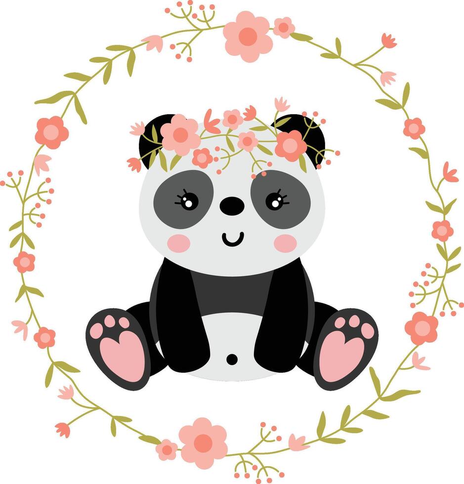 Funny panda in the round frame with spring flowers vector