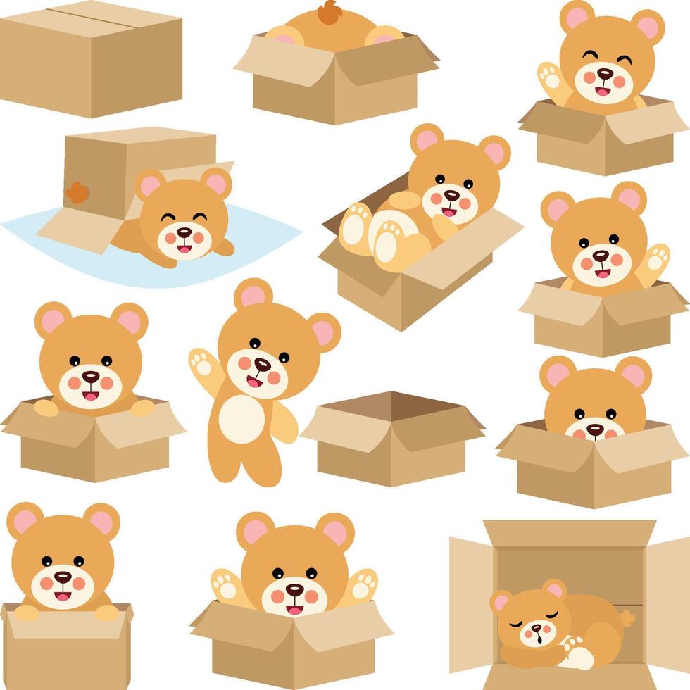 Set digital collage of cute teddy bear in cardboard box vector