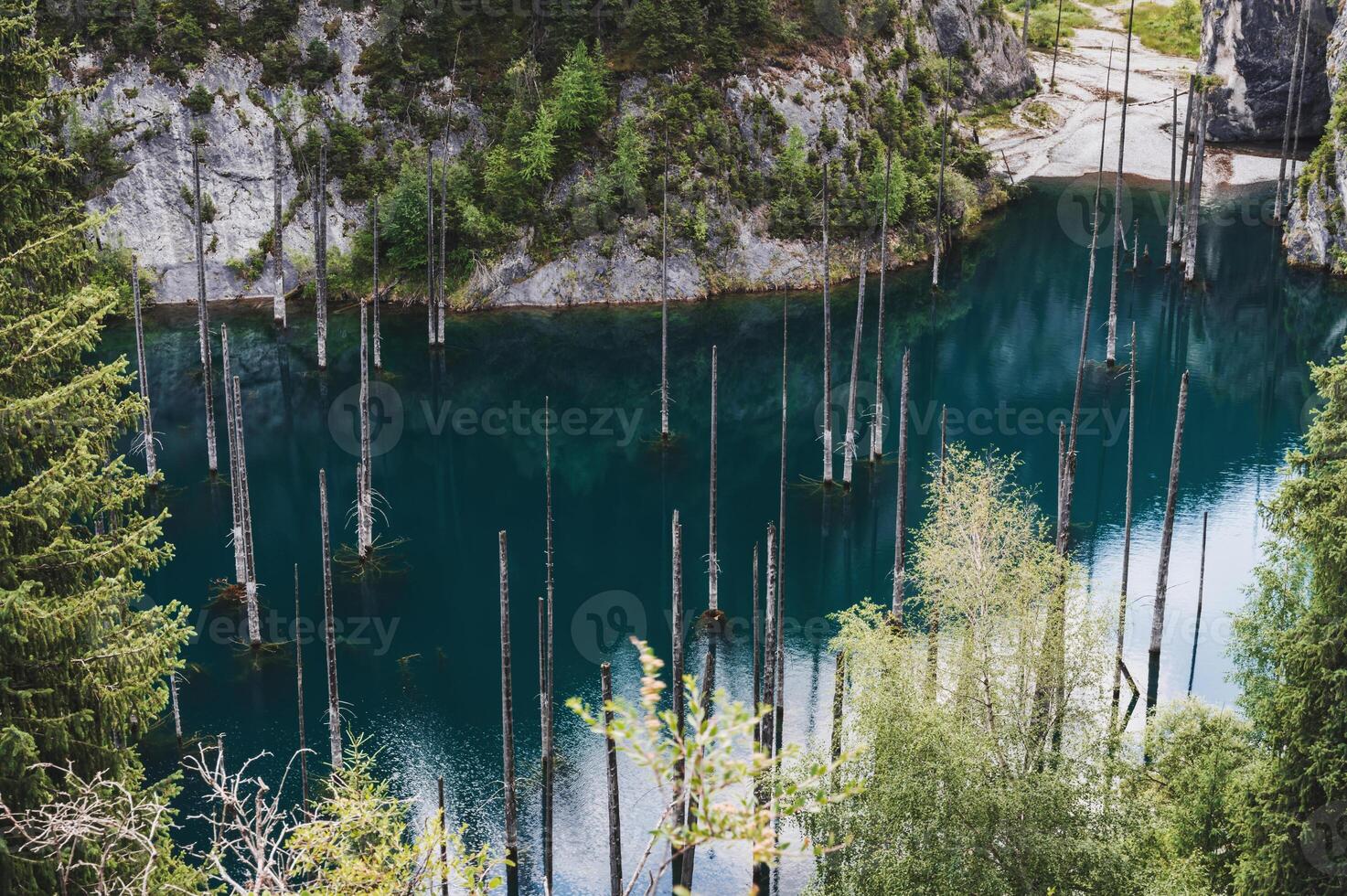 landscape with a beautiful lake with blue water and tree trunks of a sunken forest in summer. Kaindy Lake in Tien Shan Mountains in Kazakhstan. Top view from a drone photo