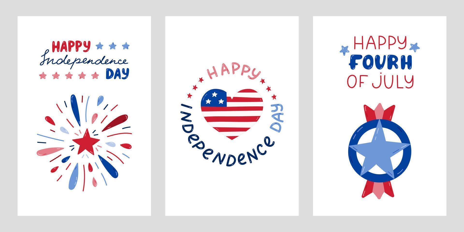 USA Independence day set of posters with hand drawn lettering and cartoon clipart. Cute hand drawn national symbols of 4th July. Firework, star badge, heart with American flag in US colors. vector