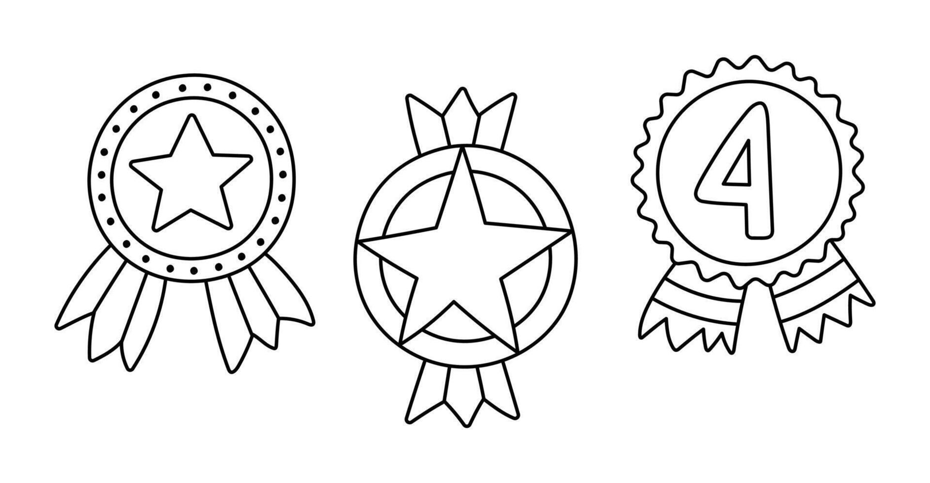 Cute set with doodle badges and medals in colors of US flag. Outline insignia with stars, ribbon as symbol of Independence day, 4th July, freedom, democracy. Hand drawn collection isolated on white. vector