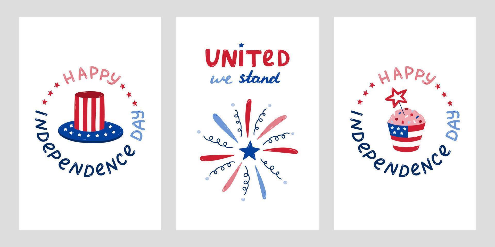 USA Independence day set of posters with hand drawn lettering and cartoon clipart. Cute hand drawn national symbols of 4th July. Firework, Uncle Sam hat, cupcake in colors of American flag. vector